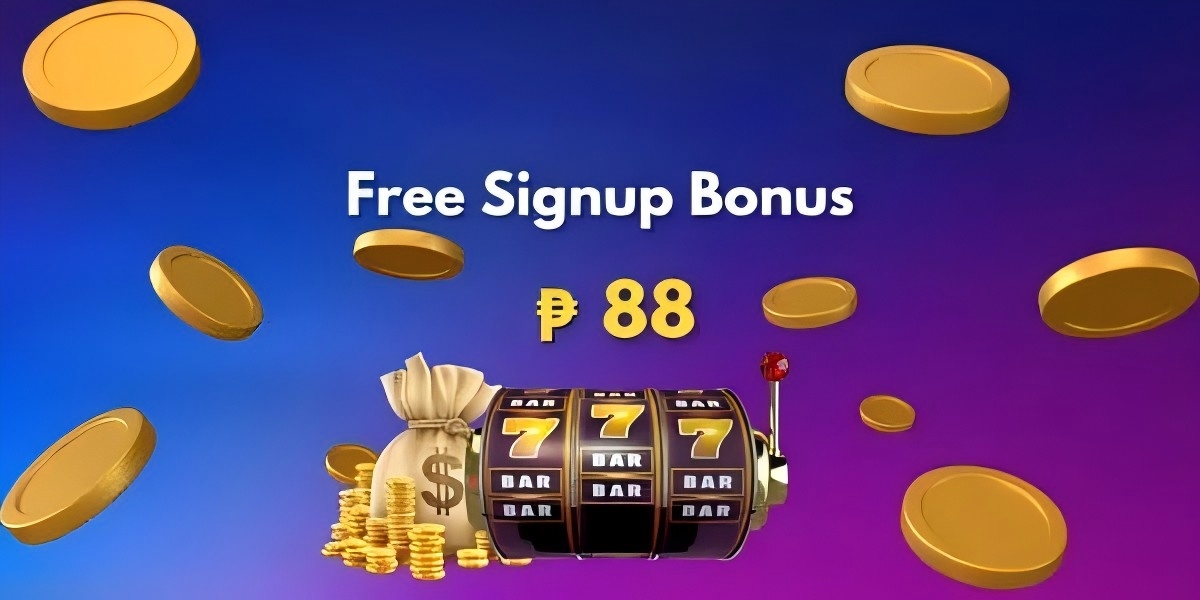 Free signup bonus banner with an 88 pesos headline, gold coins, a money bag and a triple-seven slot machine on a blue and purple background