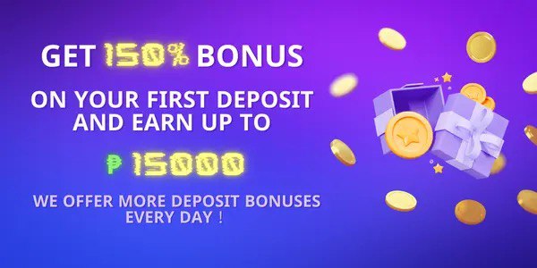 First deposit bonus banner reading 150 percent up to 15000 pesos, with gold coins and a gift box on a purple and blue gradient